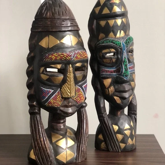 (2) Beautifully Adorned Vintage West African Fulani Peul Fulbe Tribe Sculptures